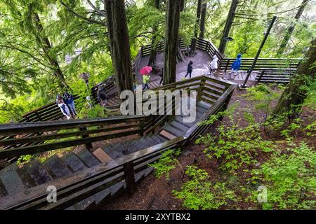 Eine verwinkelte Treppe auf dem Salmon Walk entlang des Ketchikan Creek in Ketchikan, Alaska, USA Stockfoto