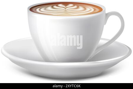 3D realistische Symboldarstellung. Weiße Kaffeetasse. Cappucino-Getränk. Isoliert auf weißem Hintergrund. Stock Vektor