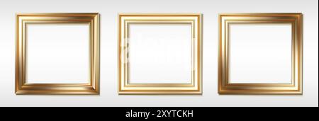 3D realistische Symboldarstellung. Set aus goldenen quadratischen Bilderrahmen. Isoliert auf weißem Hintergrund. Stock Vektor