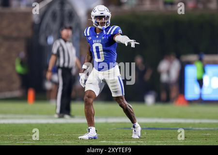 30. August 2024: Duke Blue Devils Cornerback Chandler Rivers (0) während des NCAA-Fußballspiels zwischen den Elon Phoenix und den Duke Blue Devils in Wa Stockfoto