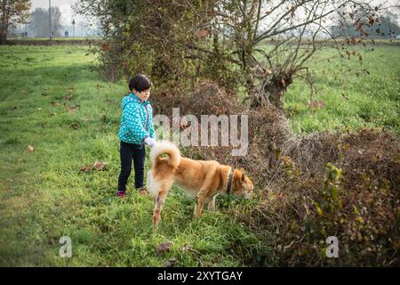 Kleines Kind in hellblauer, warmer Jacke, mit Hund auf einem grünen Feld spazieren Stockfoto