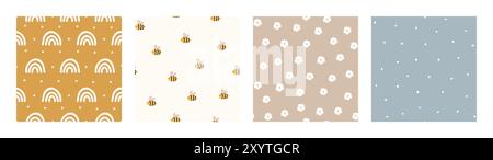 Böhmisches Babymuster. Set mit Boho-Muster für Kinder mit Biene, Regenbogen und Blumen. Geschlechtsneutrale Kinderstube Niedliche Ornamente. Vektorabbildung in flach Stock Vektor
