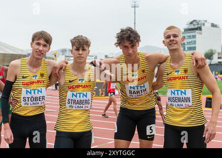 Tom STOEBER (TV Wetzlar) und Fabian STRABERG (Recklinghaeuser LC), Cedric BARTH (SC Roennau 74) und Max HUSEMANN (Eintracht Hildesheim), DEUTSCHLAND, 4x400m Staffel Männer PER, Leichtathletik, Leichtathletik, Leichtathletik, Leichtathletik, U20 Leichtathletik Weltmeisterschaften Lima 24, U20 Leichtathletik Weltmeisterschaften, 30.08.2024, Foto: Eibner-Pressefoto/Jan Stockfoto