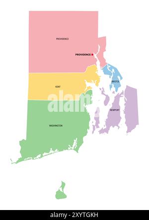 Rhode Island, US-Bundesstaat, unterteilt in fünf Countys, mehrfarbige politische Karte mit Hauptstadt Providence und Grenzen. Stockfoto