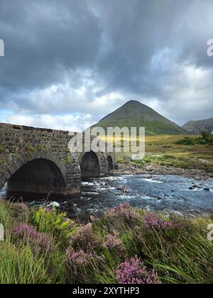 Sligachan Old Bridge über den Fluss Sligachan auf Isle of Skye, Schottland mit blühendem lila Heidekraut im Vordergrund und Glamaig-Berglandschaft im Hintergrund mit dunklen Wolken Stockfoto