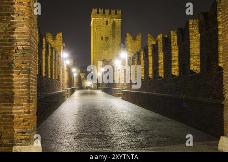 Die mittelalterliche Brücke von Castelvecchio, eines der Symbole von Verona, gesehen bei Nacht Stockfoto