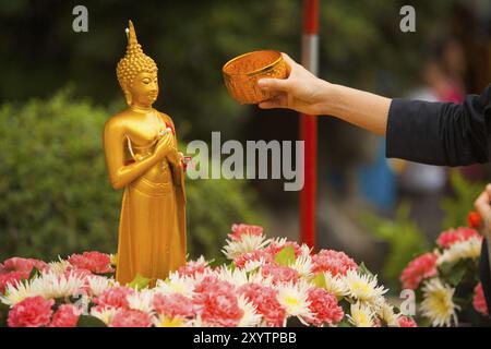 Ein Buddhist streckt einen Arm, um Wasser über eine Buddha-Statue zu gießen, eine traditionelle Reinigung während des thailändischen Neujahrs von Songkran Stockfoto