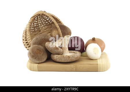 Shiitake-Pilze und verschiedene Zwiebelsorten auf einem Holzschneidbrett auf weißem Hintergrund. Rezepte und Heilkräuter Stockfoto