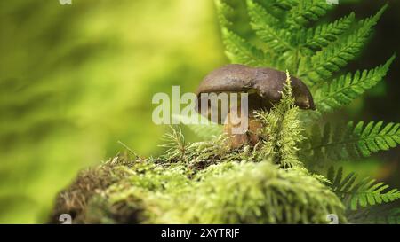 Imleria badia (Boletus badius) oder Bay Bolete Pilze, die auf einem grünen moosbedeckten Stumpf in der Nähe eines Fichtenkegels in einem niedrigen Blickwinkel wachsen, breiter Bannergröße wit Stockfoto