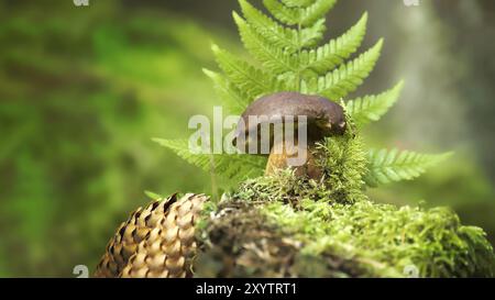 Imleria badia (Boletus badius) oder Bay Bolete Pilze, die auf einem grünen moosbedeckten Stumpf in der Nähe eines Fichtenkegels in einem niedrigen Blickwinkel wachsen, breiter Bannergröße wit Stockfoto