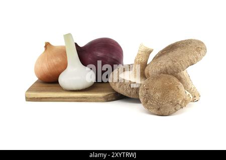 Shiitake-Pilze und verschiedene Zwiebeln auf einem Holzschneidebrett isoliert auf weißem Hintergrund. Rezepte und Heilkräuter Stockfoto