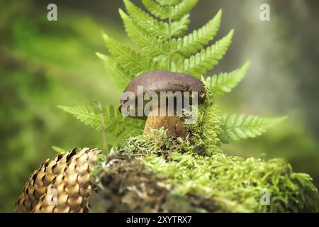 Imleria badia (Boletus badius) oder Bay Bolete Pilze, die auf einem grünen moosbedeckten Stumpf mit Blick aus dem niedrigen Winkel wachsen Stockfoto