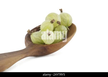 Grüne reife Stachelbeeren in einem Holzlöffel isoliert auf weißem Hintergrund Stockfoto