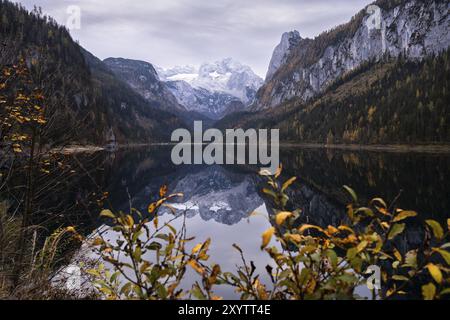 Der vordere Gosausee im Herbst mit Blick auf die Dachsteinkette. Der Gosaukamm ist rechts. Bewölkter Himmel. Reflexion. Vorderer Gosausee Stockfoto