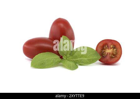 Nahaufnahme frischer Roma-Tomaten, einschließlich halbierter Tomaten, neben Basilikumblättern auf weißem Hintergrund. Perfekt für gesunde Ernährung und fres Stockfoto