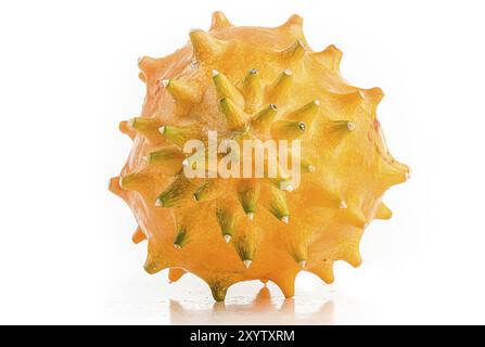 Kiwano oder Horned Melon (Cucumis metuliferus) detaillierte Hautaufnahmen auf weißem Hintergrund isoliert. Gelbe Gurke Stockfoto