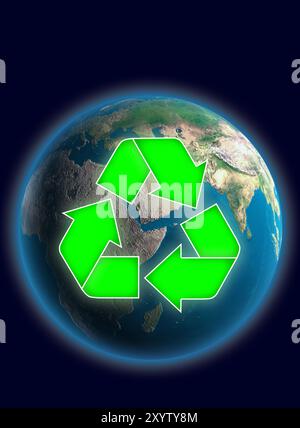 Illustration eines Recyclingsymbols über der Erdkugel konzeptionelle 3D-Illustration Umwelt- und Umweltkonzept isoliert auf dunkelblauem Hintergrund Stockfoto