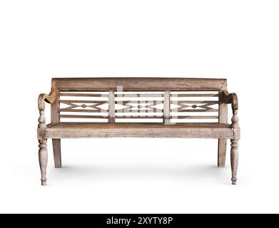 Antike Holzbank isoliert auf weißem Hintergrund mit Schneideweg Stockfoto