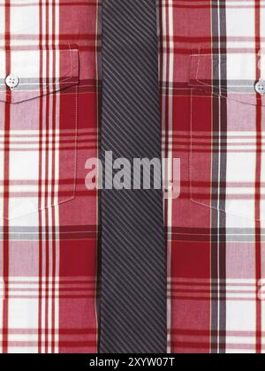 Nahaufnahme von einem rot Tartan Herrenshirt mit einem schlanken gestreifte Krawatte Stockfoto