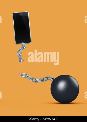 Handy bricht von Ball und Kette ab, bricht einen Vertrag, vertragsfreier Service, konzeptuelle Illustration auf hellorangem Hintergrund Stockfoto