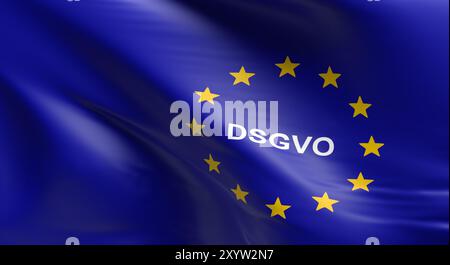 Wehende Fahne der Europäischen Union mit DSGVO, allgemeine Datenschutzverordnung, 3D-Rendering Stockfoto