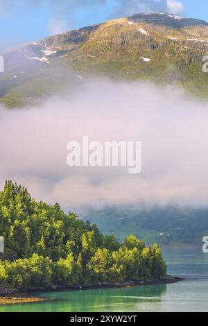 Norwegische grüne Kiefernwälder Berglandschaft mit Fjord, Wolken in der Nähe von Olden, Norwegen, Europa Stockfoto