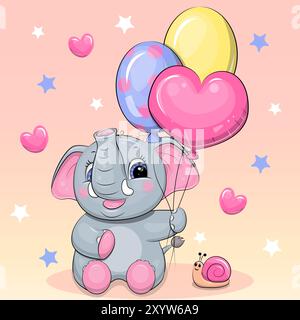 Süßer Comic-Elefant mit Ballons und Schnecke. Vektor-Illustration des Tieres auf einem rosa Hintergrund mit Herzen und Sternen. Stock Vektor