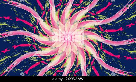 Eine lebendige abstrakte Illustration mit einem dynamischen, floralen Muster mit wirbelnden rosa und gelben Pinselstrichen, die von einem zentralen Punkt aus ausstrahlen. Stock Vektor