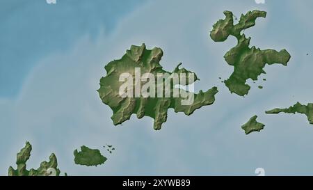 Akutan Island in der Beringsee auf einer farbigen Höhenkarte Stockfoto