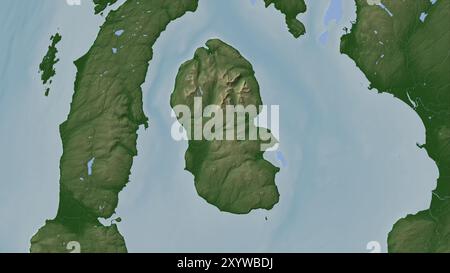 Isle of Arran in den Inneren Meeren vor der Westküste Schottlands auf einer farbigen Höhenkarte Stockfoto