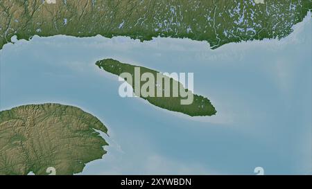 Anticosti Island im Golf von St. Lawrence auf einer farbigen Höhenkarte Stockfoto