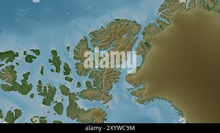 Ellesmere Island in der Baffin Bay auf einer farbigen Höhenkarte Stockfoto