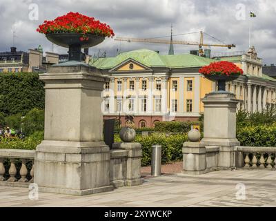 Rote Blumen in einem Blumentopf vor einem historischen Gebäude mit Baukränen im Hintergrund, stockholm, ostsee, schweden, skandinavien Stockfoto