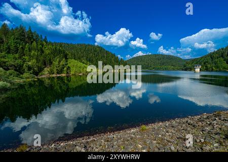 Panorama der Kleinen Kinzig-Talsperre bei Alpirsbach, im Schwarzwald, Deutschland mit Turm Stockfoto