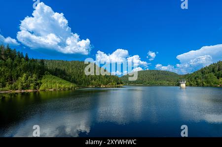 Panorama der Kleinen Kinzig-Talsperre bei Alpirsbach, im Schwarzwald, Deutschland mit Turm Stockfoto