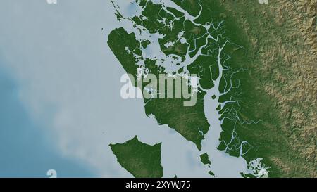 Ramree Island in der Bucht von Bengalen auf einer farbigen Höhenkarte Stockfoto