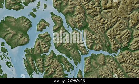 Wrangell Island in den Küstengewässern von Südost-Alaska und British Columbia auf einer farbigen Höhenkarte Stockfoto