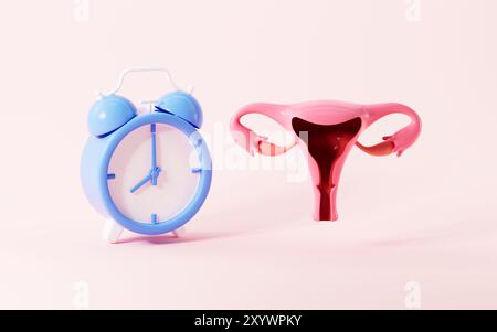 Cartoon Uterus und Kalender, Menstruationszyklus-Konzept, 3D-Rendering. 3D-Abbildung. Stockfoto