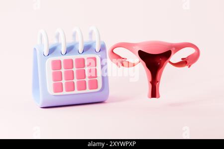 Cartoon Uterus und Kalender, Menstruationszyklus-Konzept, 3D-Rendering. 3D-Abbildung. Stockfoto