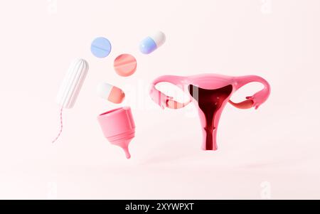 Cartoon Uterus, Drogen, Menstruationstasse, Tampons und so weiter weibliches Produkt, 3D-Rendering. 3D-Abbildung. Stockfoto