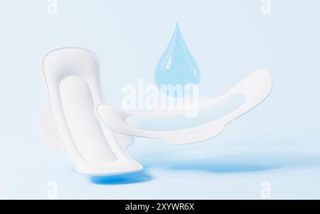 Weißes Menstruationspad und Wasserabsorptionstest, 3D-Rendering. 3D-Abbildung. Stockfoto