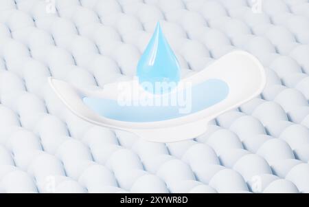 Weißes Menstruationspad und Wasserabsorptionstest, 3D-Rendering. 3D-Abbildung. Stockfoto