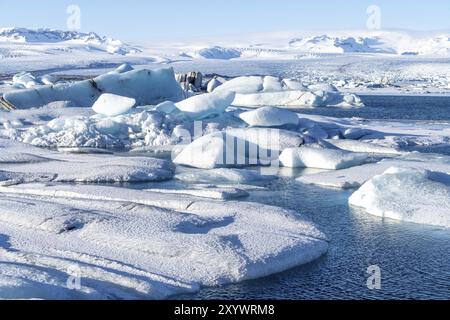 Landschaftsdetails mit schwimmenden Eisbergen in der Gletscherlagune Jokulsarlon in Island Stockfoto