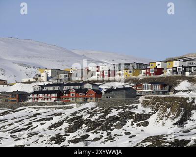 Arktis, Arktisches Meer, bunt, bunt, Hafen, Norwegen, Skandinavien, Schnee, Stadt, Dorf, Holzhäuser, Europa Stockfoto