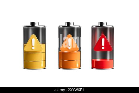 Batterien und Warnschilder, Warnung bei niedrigem Batteriestand, 3D-Rendering. 3D-Abbildung. Stockfoto