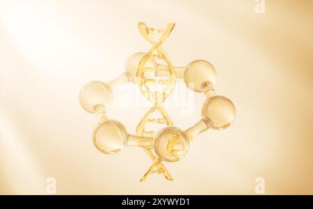 DNA und Moleküle, Hautpflege und Molekülstruktur, 3D-Rendering. 3D-Abbildung. Stockfoto