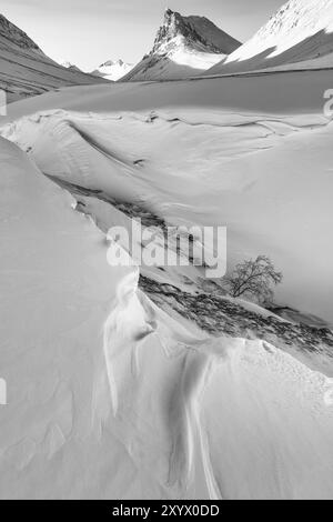 Landschaft im Tal Stuor Reaiddavaggi mit dem Berg Nallo, Kebnekaisefjaell, Norrbotten, Lappland, Schweden, März 2013, Europa Stockfoto