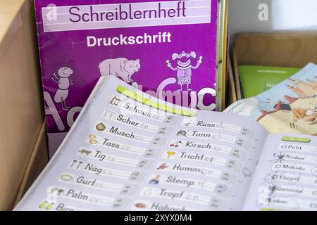 Klassenzimmer der vierten Klasse, nach der Schule ist das Gebäude älter, aber in gutem Zustand, Lehrbücher, Sprache Stockfoto