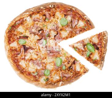 Frisch gemacht Schinken und Ananas Pizza Scheiben isoliert auf weißem Hintergrund Stockfoto