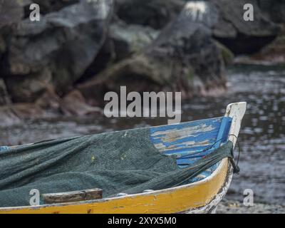 Ein abgenutztes, bunt bemaltes Boot an einem felsigen Küstenabschnitt, Funchal, madeira, portugal Stockfoto